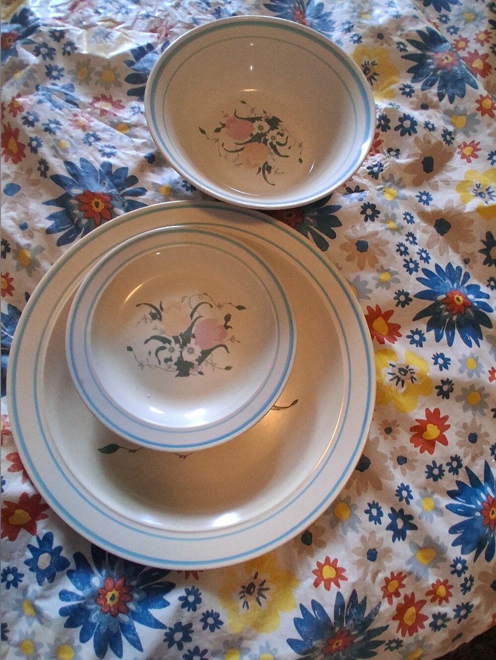 Stoneware White Ceramic Dinnerware Set with Blue Trim and Pink Floral Accent